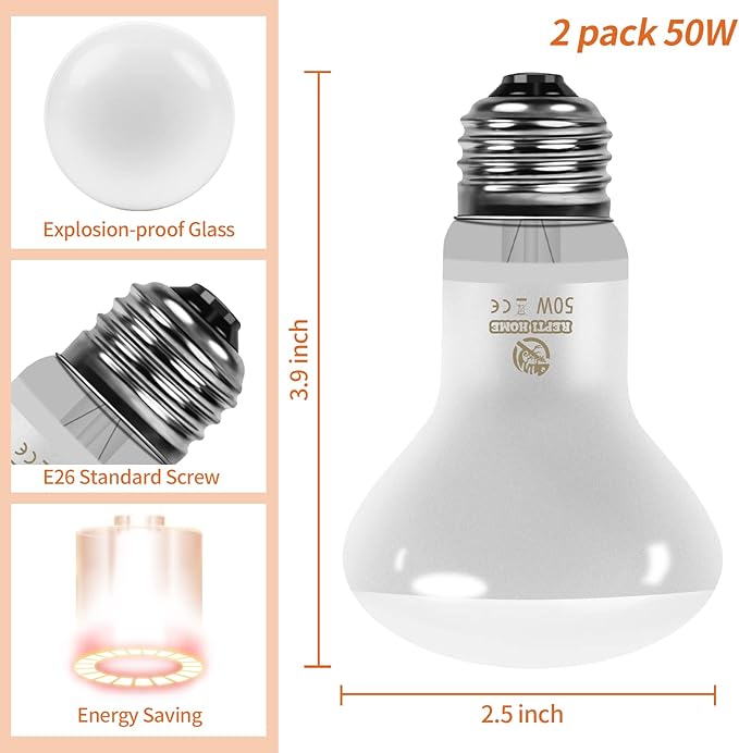 New Upgrade Reptile Heat Lamp Bulb (3rd Gen No Broken), 50W 2 Pack Basking Spot Light for Reptiles & Amphibians,UVA Daylight Heat Bulb for Bearded Dragon, Turtle