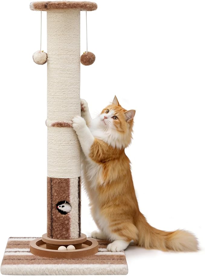 34inches Tall Cat Scratching Post with Cat Ball Track Toy Heavy Duty and Thicker Large Diameter Natural Sisal Cat Scratcher Post for Large Cats and Small Cats Protect Your Furniture