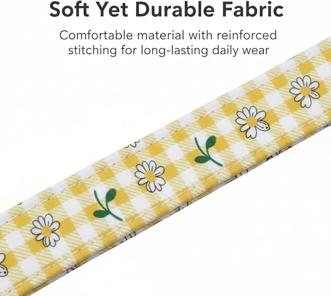 Cute Dog Collar, Yellow Plaid Dog Collar with White Floral Pattern, Spring Summer Design Floral Collar for Girls Boys Small Dogs