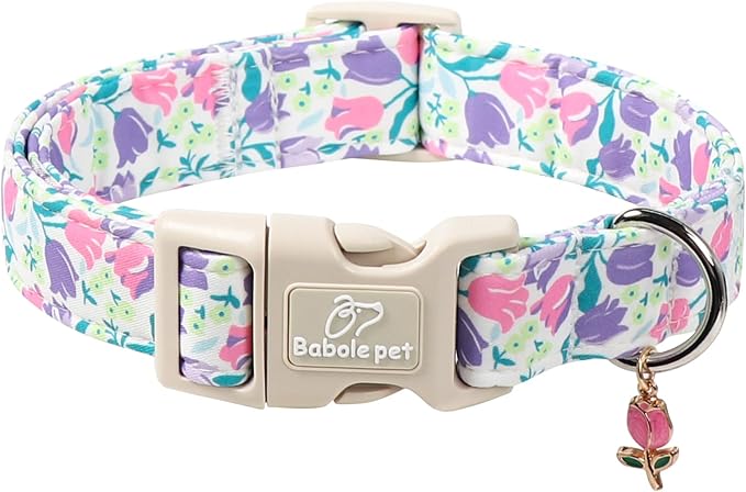 Floral Dog Collar for Large Dogs - Pink Purple Tulips Print Dog Collars, Spring Summer Cute Flower Puppy Collar, Lightweight Adjustable April Holiday Boy Girl Dogs Collars XL