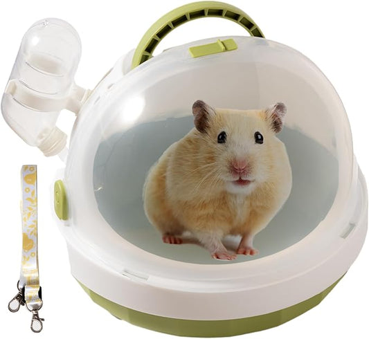 Portable Pet Travel Carrier with Water Bottle, Safety Lock, 6.3 inch Diameter, White and Green, Small Animal Transport Case for Hamster, Turtle, Bird