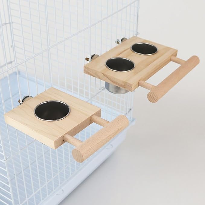 Bird Food Stainless Steel Cups Wooden Perch Stand Hanging Feeder Bowls Feeding and Watering Supplies for Parakeets Conures Cockatiels Budgie Parrot (S)