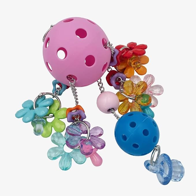 Pullable Bird Plastic Ball Toys with Acrylic Pacifiers and Flowers, Colorful Parrot Toys for Medium and Large Parrot Quaker Monk Parakeet Sun Conures (Pink)
