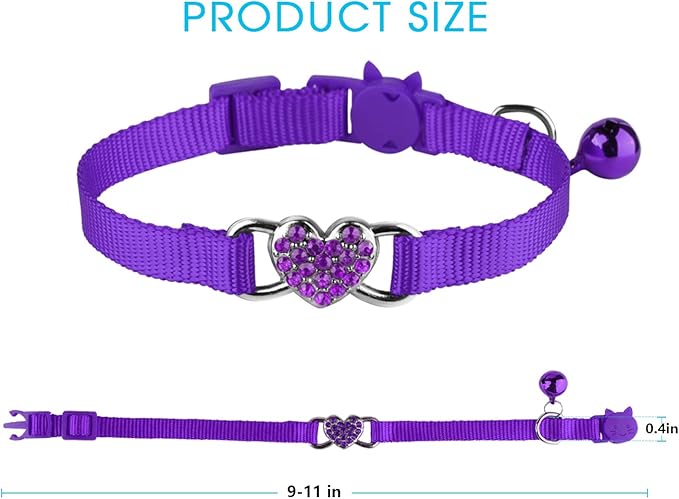 2 Pcs Cat Collars Heart Bling Breakaway with Bell Nylon Adjustable for Kitty(Black+Purple)