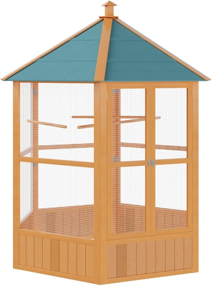 59" Large Wooden Hexagonal Outdoor Aviary Flight Bird Cage with Covered Roof, Green
