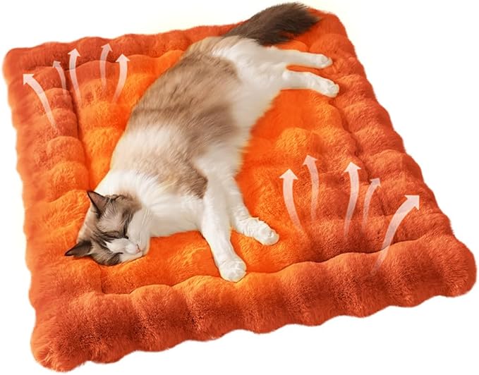 Self-Warming Cat Bed, Plush Faux Fur Pet Bed Mat with Anti-Slip Bottom, Ultra Soft Heated Bed for Cats & Medium Dogs, Cozy Fluffy Pad for Couch & Crate, Machine Washable, 27x20 Inch Orange