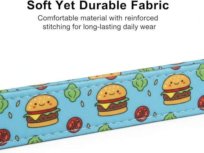 Cute Dog Collar, Blue Dog Collar with Burger Pattern and Cute Charm, Puppy Collar with Quick Release Buckle and Durable Fabric, Suitable for Small Dogs