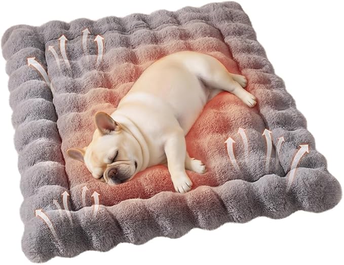 Self-Warming Cat Bed, Plush Faux Fur Pet Bed Mat with Anti-Slip Bottom, Ultra Soft Heated Bed for Cats & Medium Dogs, Cozy Fluffy Pad for Couch & Crate, Machine Washable, 27x20 Inch Grey