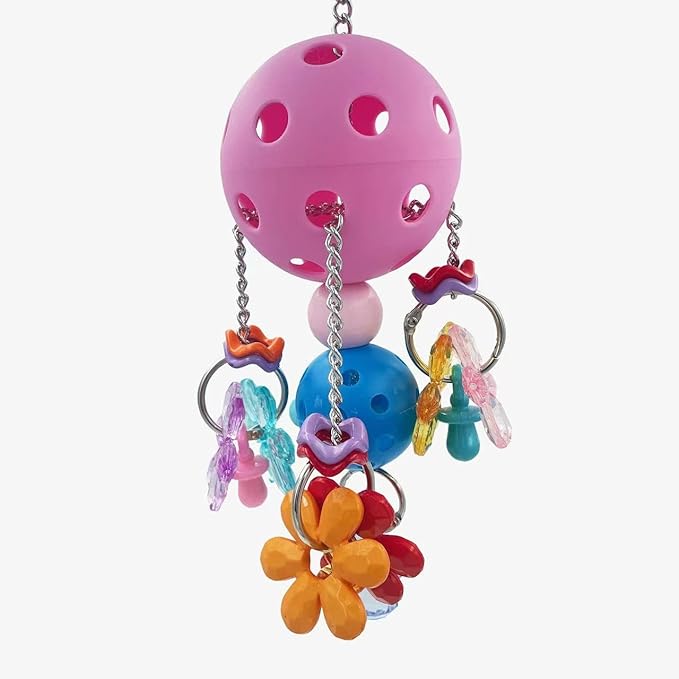 Pullable Bird Plastic Ball Toys with Acrylic Pacifiers and Flowers, Colorful Parrot Toys for Medium and Large Parrot Quaker Monk Parakeet Sun Conures (Pink)