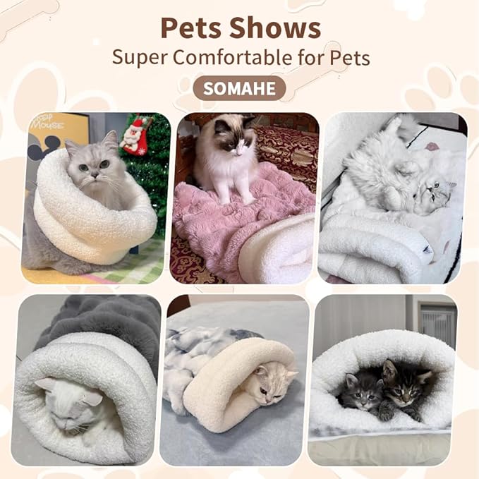 Self-Warming Cat Sleeping Bag, Enclosed Hooded Snuggle Sack with Dual-Side Plush Cat Cave Bed, Portable Foldable Pet Sleeping Pod for Indoor & Travel, Anti-Static, 21.7"x17.7"Beige