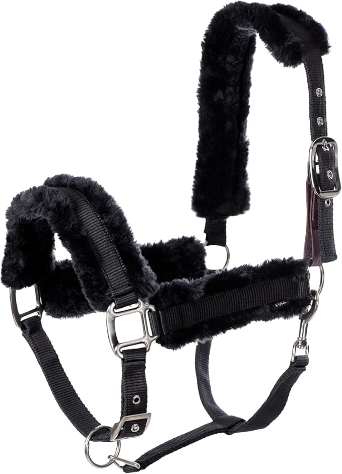 Equinavia Valkyrie Ultra Fleece Breakaway Horse Halter | Padded Fleece Adjustable Safety Halter with Nylon Webbing - Black/Black - Warmblood