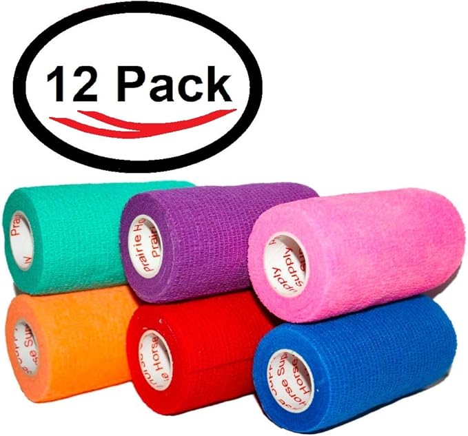 3 Inch Vet Wrap Tape Bulk (Assorted Colors) (Pack of 12) Self Adhesive Adherent Adhering Flex Bandage Grip Roll for Dog Cat Pet Horse