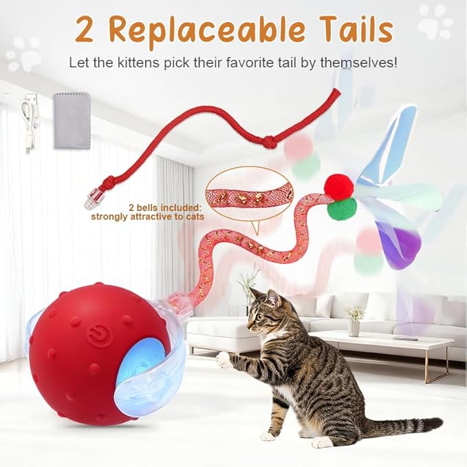 Interactive Cat Ball Toy, Chirping Motion Activated Electric Rechargeable Cat Toy with 2 Replaceable Tails, Self Play Hunting Rolling Indoor Cat Toys for Bored Adult Cats & Kittens - Boredom Busters