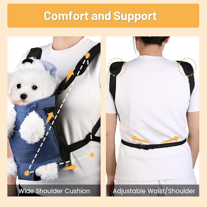 Inspack Dog Backpack Carrier/Cat Carrier, Adjustable Pet Front Carriers Travel Bag for Puppy Medium Dogs, Legs Out, Soft Ventilated Dog Chest Carry Backpacks for Hiking/Camping, 4-7 lbs, Indigo Denim