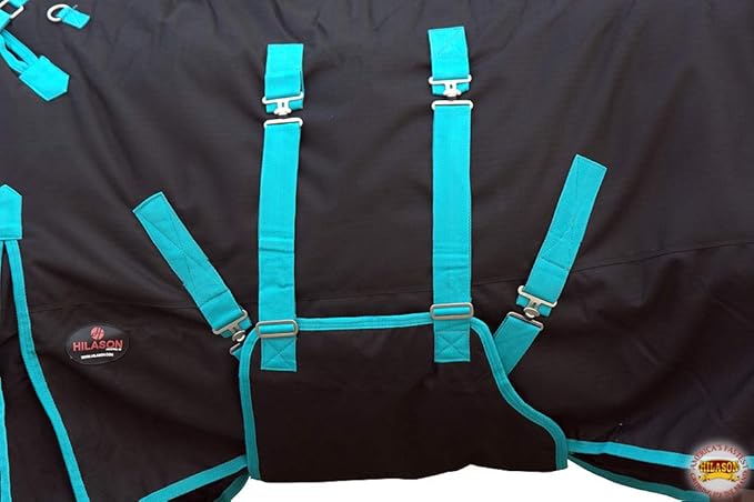 HILASON Black with Turquoise Trims 70 inch 1200D Winter Waterproof Poly Horse Turnout Blanket Belly Wrap