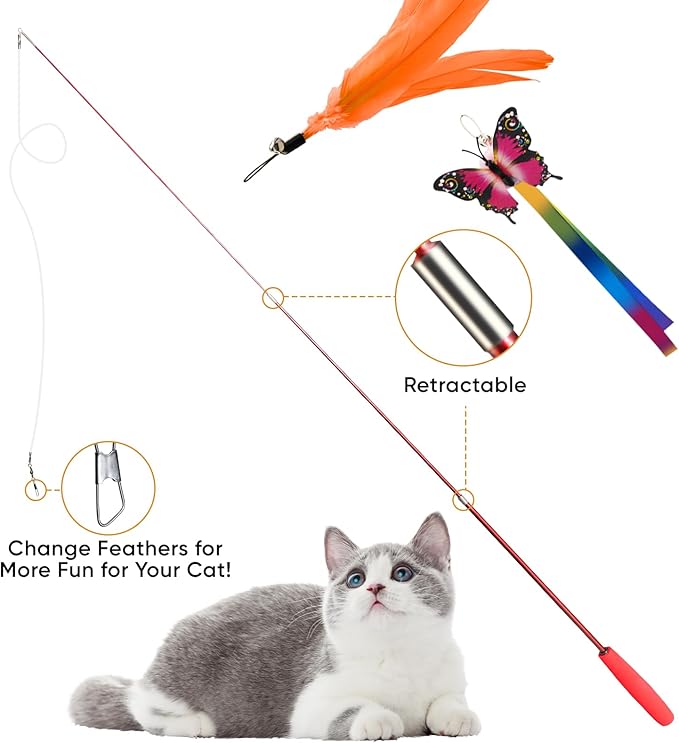 Cat Toys for Indoor Cats, 13 Packs Interactive Cat Wand Toy Set with Feather＆Ribbon Refills, Feather Toys for Exercise, Playtime and Boredom Relief with Kitten