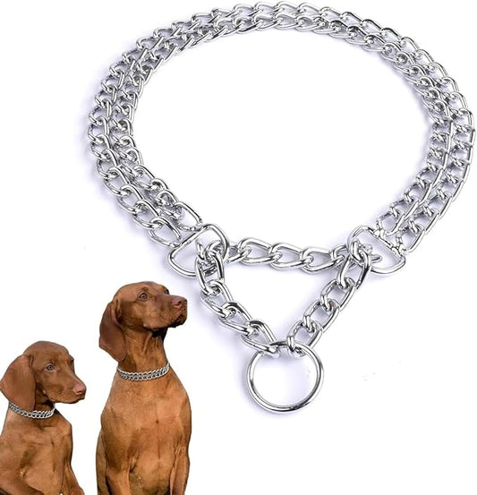 Silver Dog Choker Collar,2 Rows Stainless Steel Dog Chain Cuban Link Metal Martingale Collar Heavy Duty Training Choke Collar for Small Medium Large Big Breed (Silver, L(Neck Max 20inch) D3.0mm)