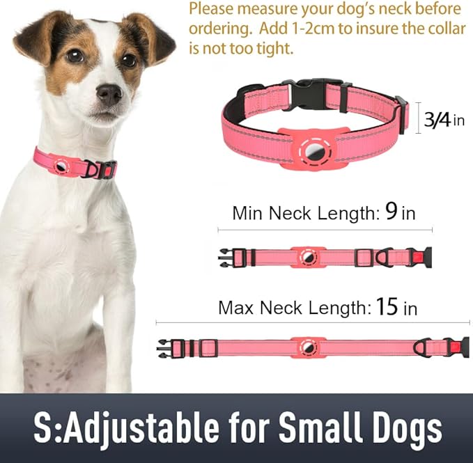 Airtag Dog Collar with AirTag Holder for Small Dogs, Reflective, Soft Padded & Safety Locking Buckle, Nylon Pet Collars Adjustable for All Breeds, Pink,S