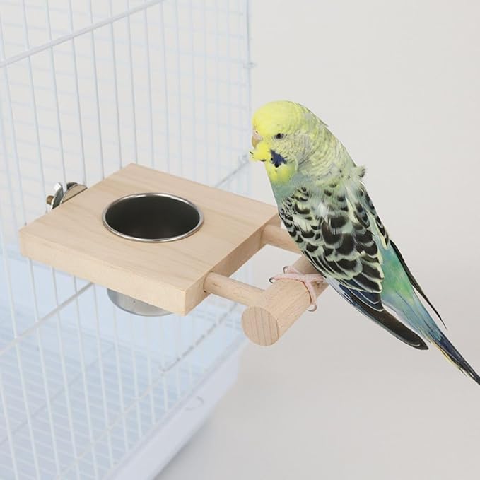 Bird Food Stainless Steel Cups Wooden Perch Stand Hanging Feeder Bowls Feeding and Watering Supplies for Parakeets Conures Cockatiels Budgie Parrot (S)