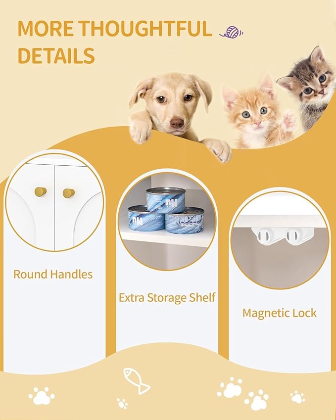 Cat Litter Box Enclosure Enclosed, Hidden Litter Box Cabinet Furniture with Storage, Wooden Indoor Cat House Large, Modern End Table for Living Room Entryway, White and Gold CB84903A