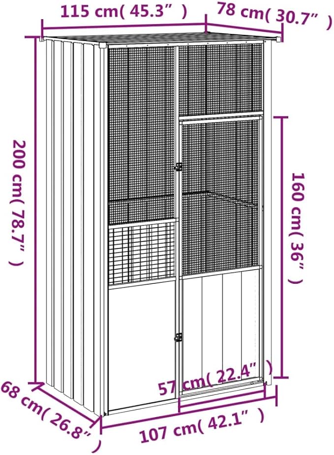 Bird Cage Galvanized Steel, Large Bird Cage with Wire Mesh Grids and Lockable Door, Aviary Spacious and Versatile Cage Ideal for Birds, Rabbits, Chickens, Anthracite 45.3"x30.7"x78.7"