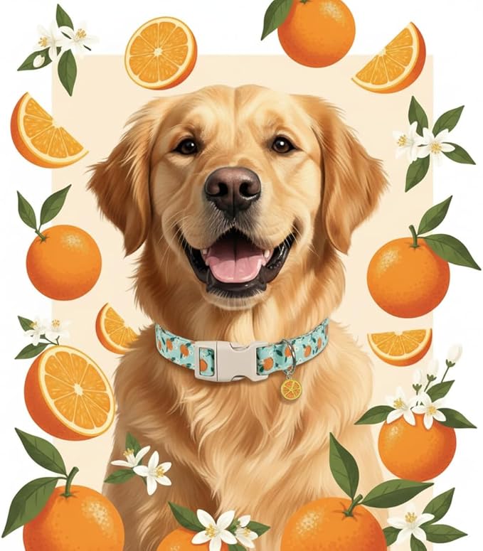 Dog Collar, Spring Summer Dog Collar with Orange Print and Charm, Cute Spring Summer Fruit Collar with Soft & Breathable Fabric, Adjustable Pet Collar for Medium Dogs