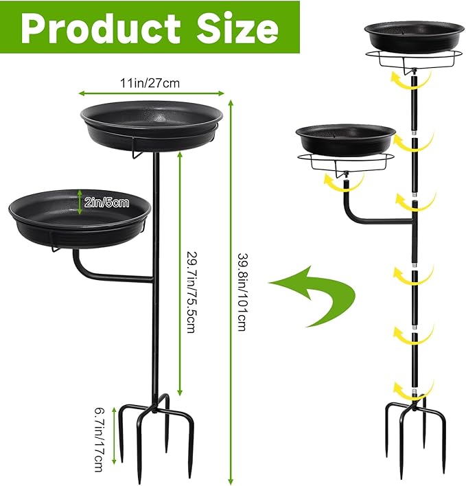 Freestanding Birdbaths Bowl Outdoor, Standing Garden Bird Bath Bird Feeder & Bird Bath Bowl, Detachable Decoration Spa Birdfeeder for Garden Patio Yard Lawn, 4 Spiky Metal Stake (Black)