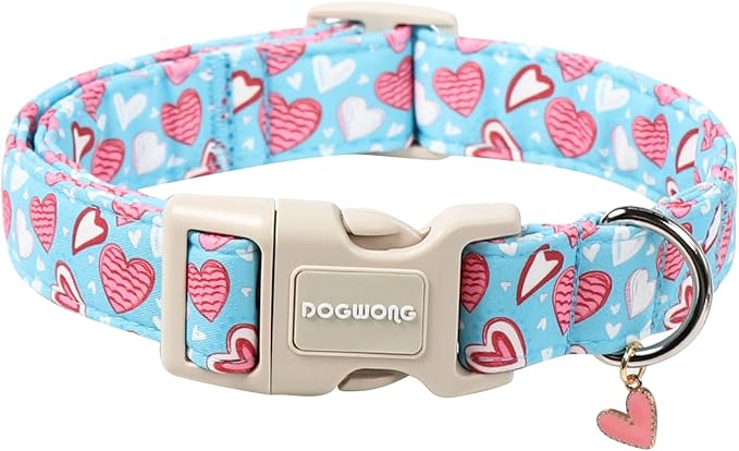 DOGWONG Blue Heart Dog Collar, Cute Valentine Collar, Valentine's Day Dog Collar with Strong Plastic Buckle for Small Medium Large Dogs,L