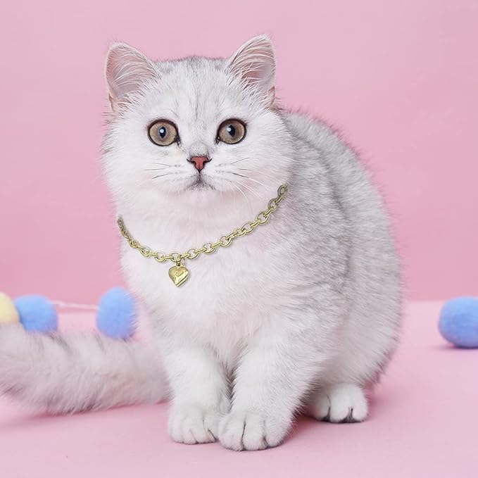 HOWWFALY Dog Collar and Cat Chain Necklace Stainless Steel Adjustable 18K Gold Heart-Shaped Necklace for Small Pets Cats Kitten Puppy (Gold, 12 inch)