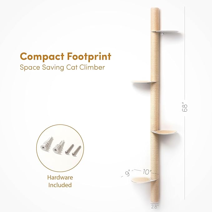 68" Tall Wall-Mounted Cat Tree – Modern Space-Saving Cat Shelf with Sisal Scratching Post & Steel Climbing Steps – Stylish Cat Wall Furniture for Small Spaces