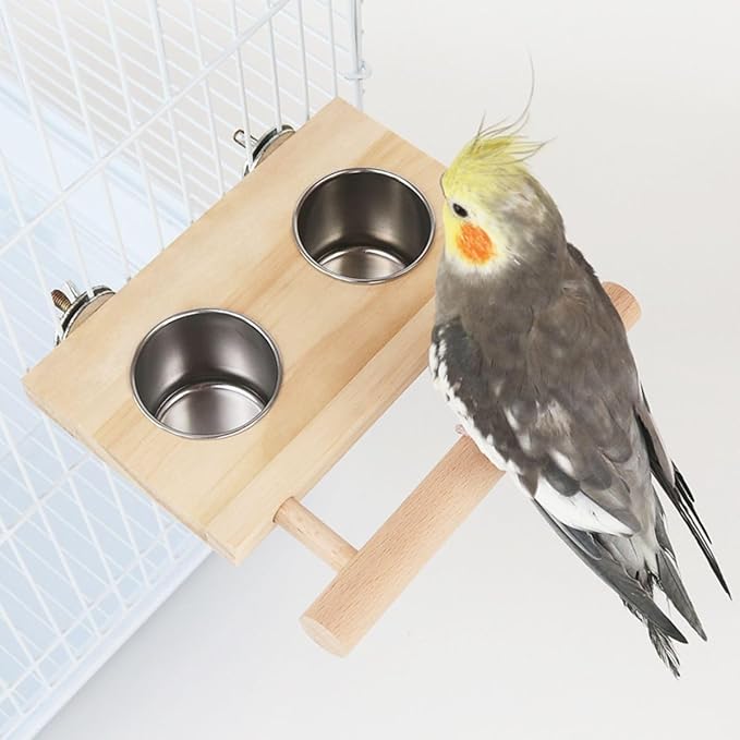 Bird Food Stainless Steel Cups Wooden Perch Stand Hanging Feeder Bowls Feeding and Watering Supplies for Parakeets Conures Cockatiels Budgie Parrot (L)