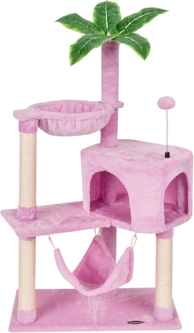 KIYUMI Cat Tree Cat Tower Condo with Sisal Scratching Post for Indoor Cats Tree Furniture with Hammock Perch and Kitten Ball Toys, Multi-Level Pet Activity Center Pink