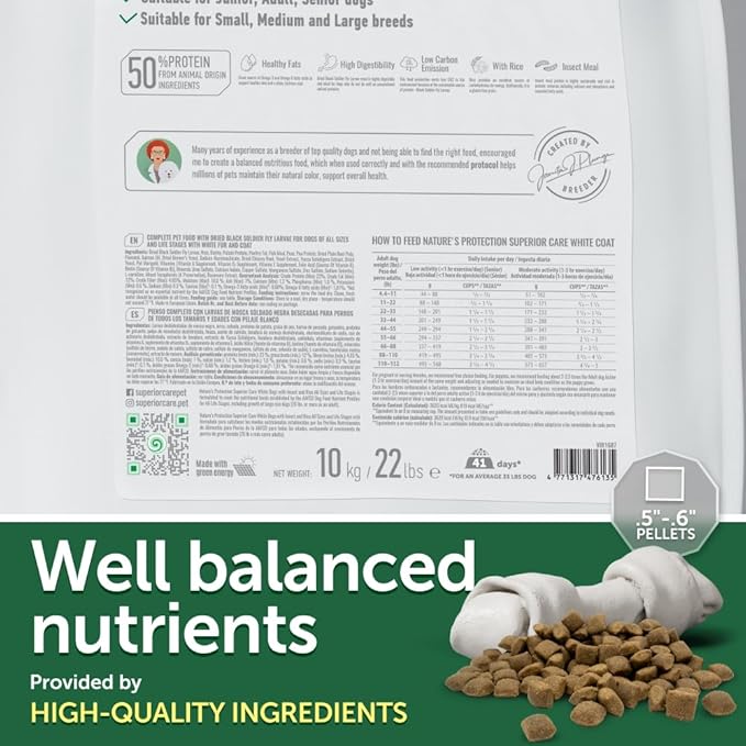 Nature's Protection Dry Dog Food for Puppy & Adult - High Protein Tear Stain Formula - Hypoallergenic Kibble for Small, Medium & Large Breed Dogs with Light Fur (Superior Care - Insect, 22 lb)