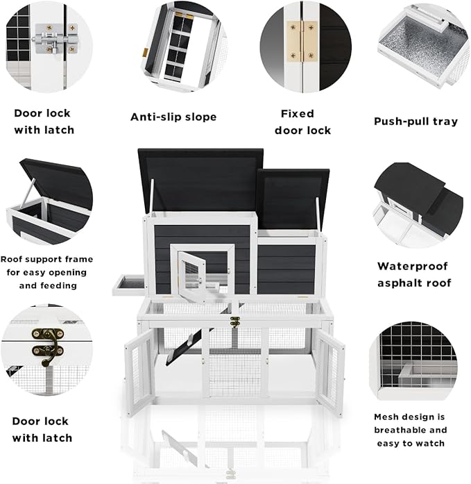 Outdoor Chicken coops for 2-4 Chickens Wooden with Waterproof Asphalt Roof, Ramp, and Multiple Doors Openable Top Pull-Out Tray Suitable for Outdoor Backyard (Black and White)