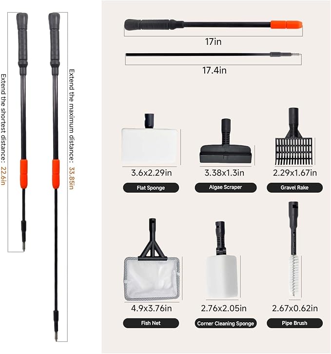 6 in 1 Aquarium Cleaning Tool Kit, Telescopic Handle Design, for 20-160 Gallon Freshwater and Saltwater Aquariums, Includes Algae Scraper, Sponge Pad, Pipe Brush, Gravel Rake, Fish Net
