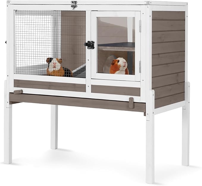 Indoor Rabbit Hutch Guinea Pig Cages with Chew-Proof Ramp, 2-Story Wooden Bunny House with Pull-Out Tray & Leakproof PVC Layer, Small Animal Cage with Detachable Legs (Brown)