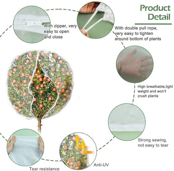 8 x 6.6ft Large Fruits Tree Netting, Garden Mesh Insect Tree Cover with Zipper Drawstring Bird Barrier Net Plant Bags Blueberry Bushes Protection Plant Cover for Prevent Animals Deer Squirrel Bug