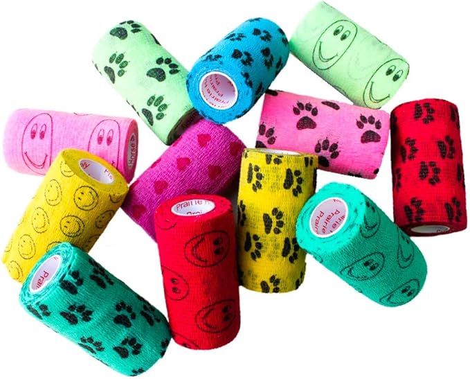Prairie Horse Supply 3 Inch Vet Wrap Tape Bulk (Assorted Paw Prints and Patterns) (Pack of 12) Self Adhesive Adherent Adhering Flex Bandage Grip Roll for Dog Cat Pet