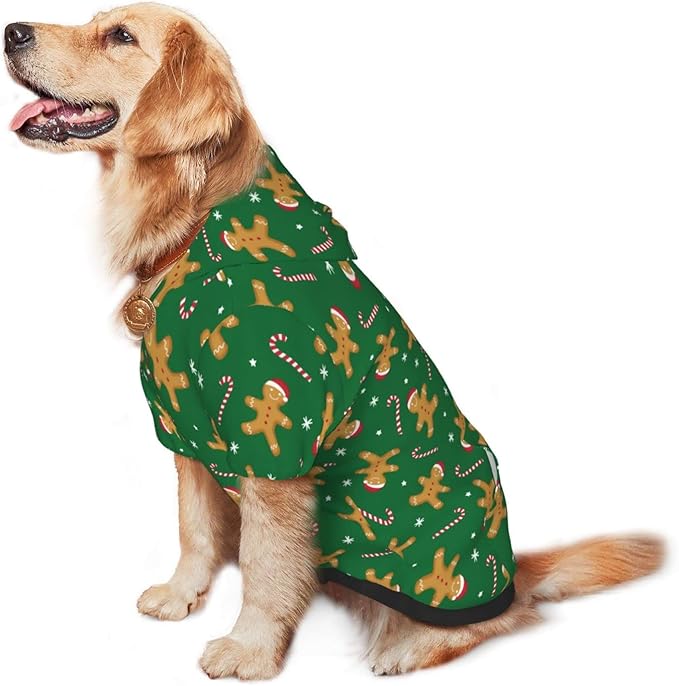 Green Christmas Gingerbread Men Candies Hoodie,Christmas Cosplay Dog Clothes with Pocket and Hat Winter Clothes Sweaters XXX-Large
