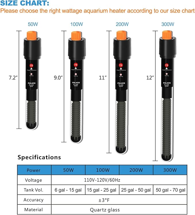 PULACO 200Watt Aquarium Heater for 25-50 Gallon Fish Tank, Adjustable Submersible Heater Thermostat with Thermometer Strip and Suction Cup