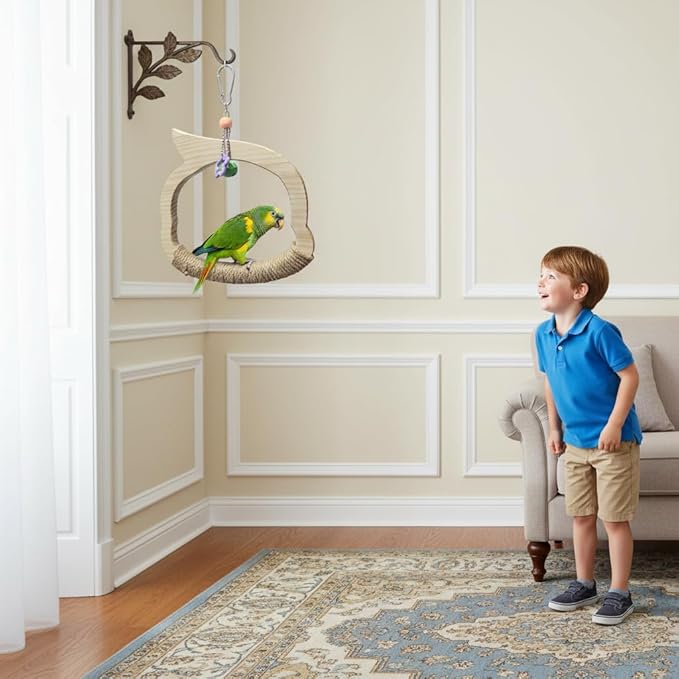 Wooden Bird Swing Perch Toy for Small and Medium Parrots, Natural Wood Ring with Bell and Rope Wrap, Hanging Cage Toy for Cockatiels, Budgies, Lovebirds, Conures