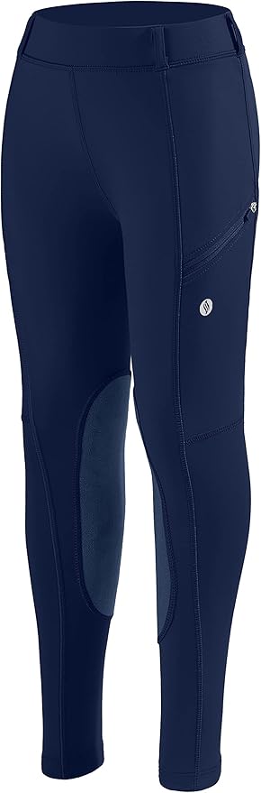 SANTINY Girls Horse Riding Pants with Zipper Pockets Kids Stretchy Equestrian Breeches Knee-Patch Youth Schooling Tights