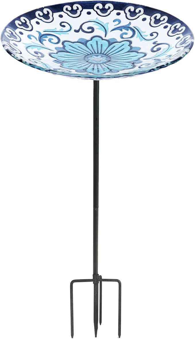 MUMTOP Glass Bird Baths, Garden Outdoor Birdbaths Birdfeeder with Metal Stake for Outside Yard Lawn, Blue