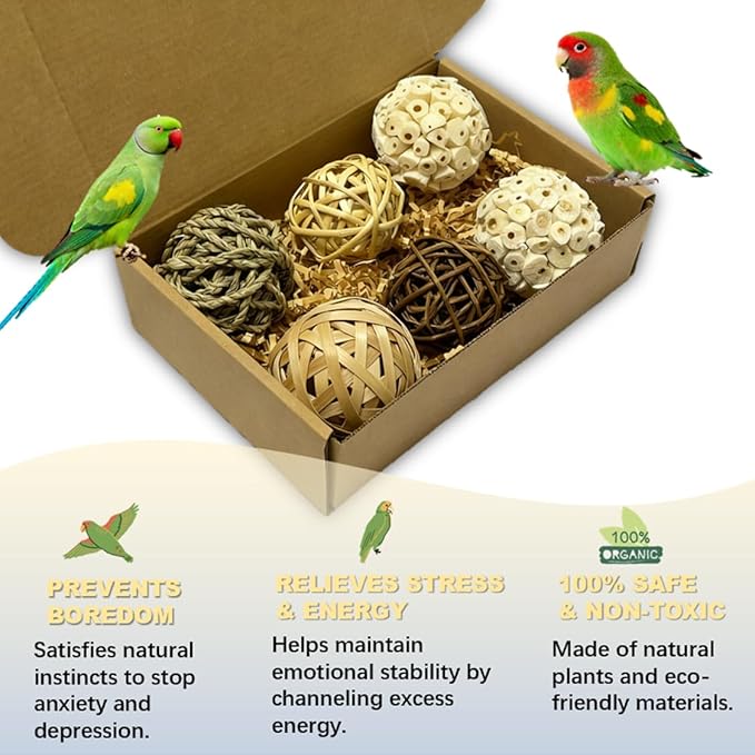 Bird Toys (6Pcs) - Chew Grass Balls, Cage Enrichment | Chewing and Shredding Parrot Toys | Ideal for Parakeets/Cockatiels/Conures/Lovebirds and Small to Medium Birds