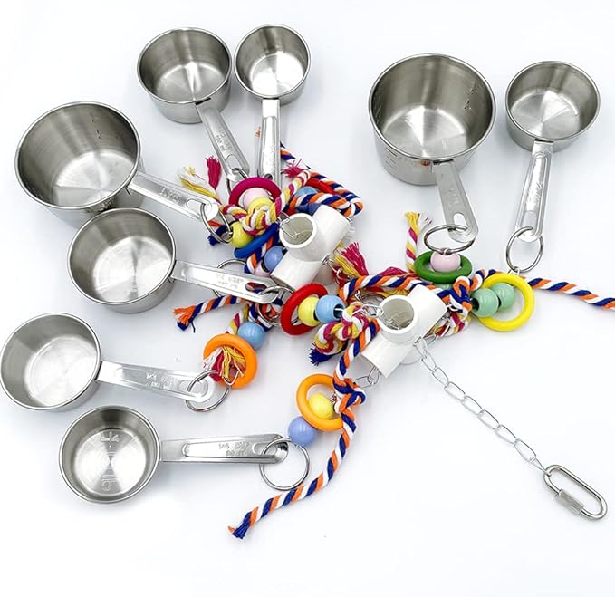 New Upgraded Metallic Pots and Multicolored Ring Toys, Pullable 8 Stainless Steel Cups and 8 Wooden Ring Toys for Large and Extra Large Parrot Amazons Macaws African Greys Cockatoos Eclectus