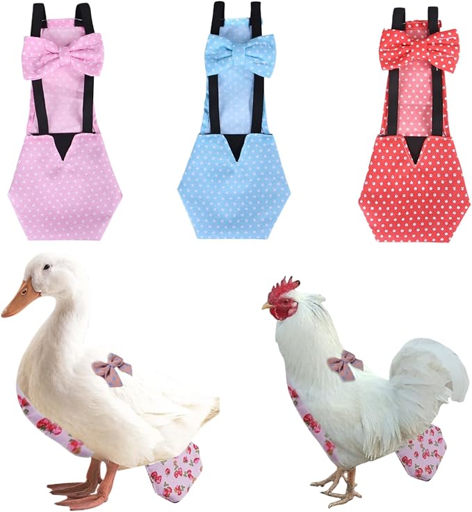 MANON ROSA Chicken Diapers Bantam Hens - Reusable 3-Piece Set with Bow Ties Poultry Nappies Washable Waterproof for Geese Pet Ducks Silkie (Polka Dot Large)