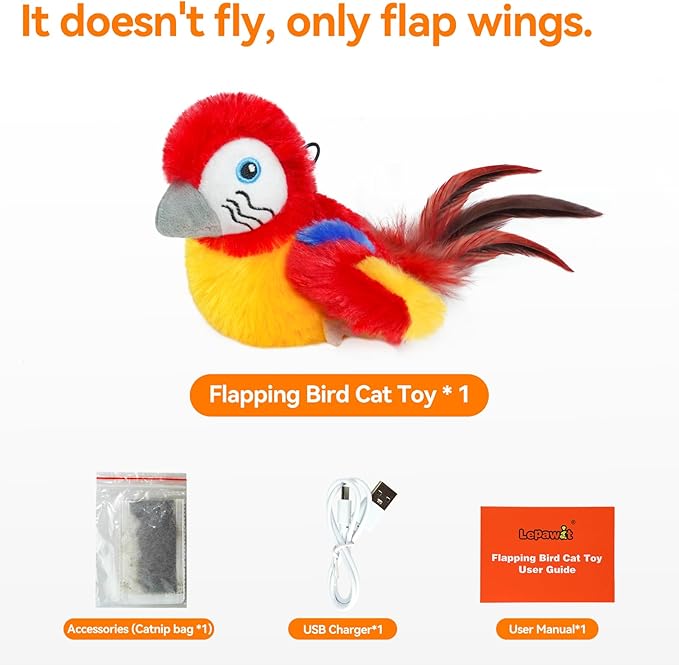 Cat Toys Flapping Bird(Cannot Fly), Electric Simulated Chirping Bird Interactive Kitten Toy with Flappy Wings, Rechargeable Touch Activated Toy with Catnip and Feather for Indoor Cats - Red