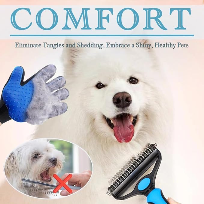 Dog Brush for Shedding 2-in-1 with Grooming Glove - Undercoat Rake & Shedding Tool for Long/Short Hair Dogs, Flea Comb & Hair Removal Brush for Gentle Massage (L)