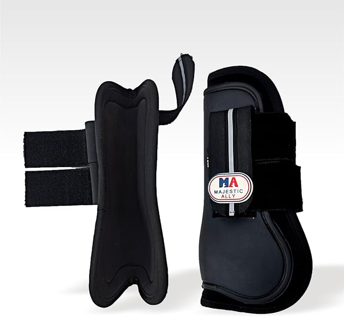 Majestic Ally Horse Leg Protection Fetlock and Tendon Boots Set, PU Shell, Neoprene Lining, Hook and Loop Closures, Multiple Colors and Sizes