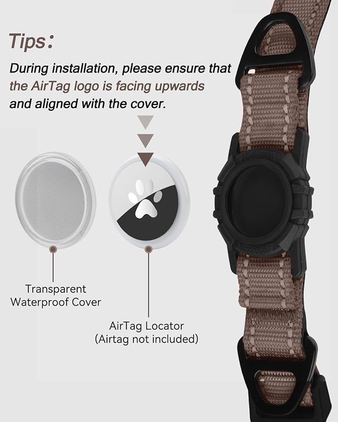 Joytale Airtag Dog Collar, Reflective Pet Collar with Waterproof AirTag Holder, Dual D-Rings, Soft Padded Adjustable for Extra Large Dogs, Brown, XL